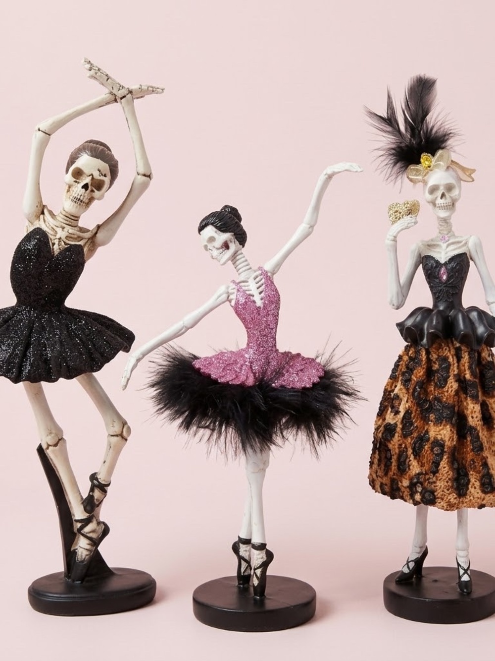 NWT Halloween Skeleton Ballerina Figurines - Black & Pink Decorative Set